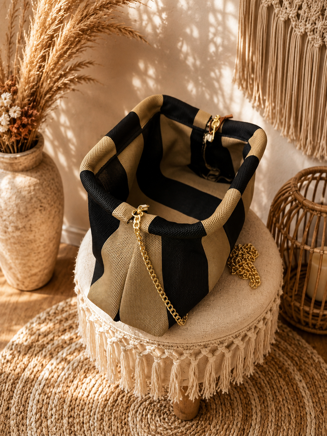 Sac rayé noir et beige