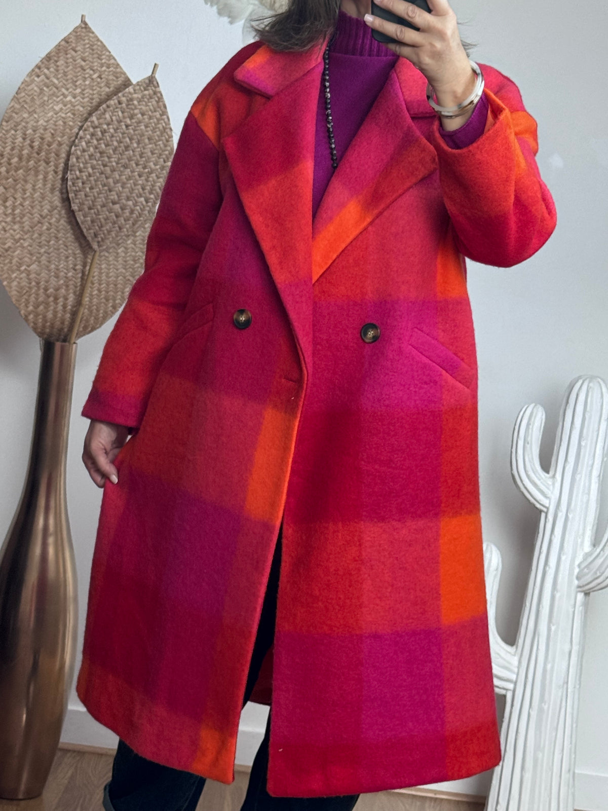 Manteau carreaux fuchsia