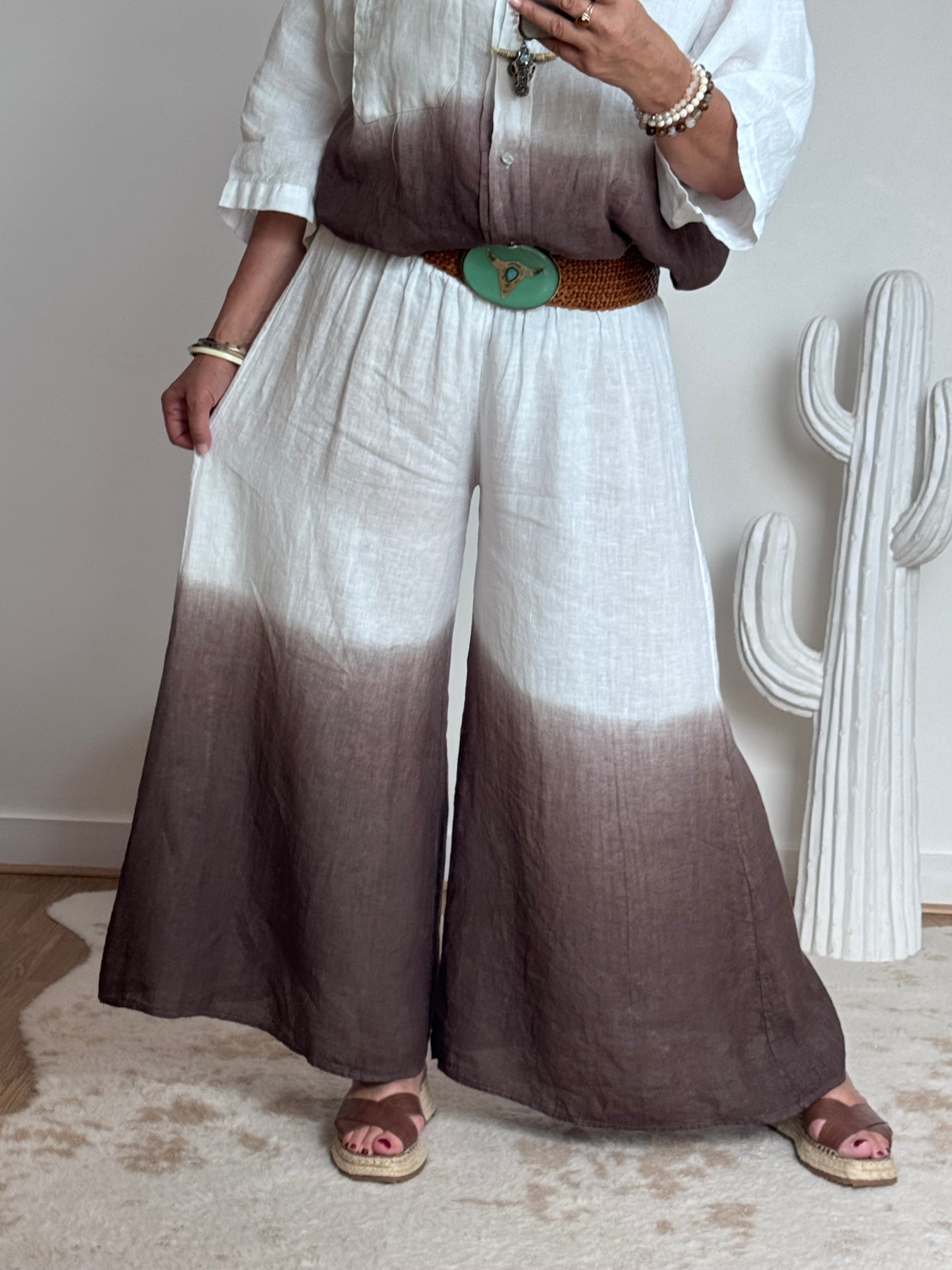 Pantalon palazzo Lin blanc et marron