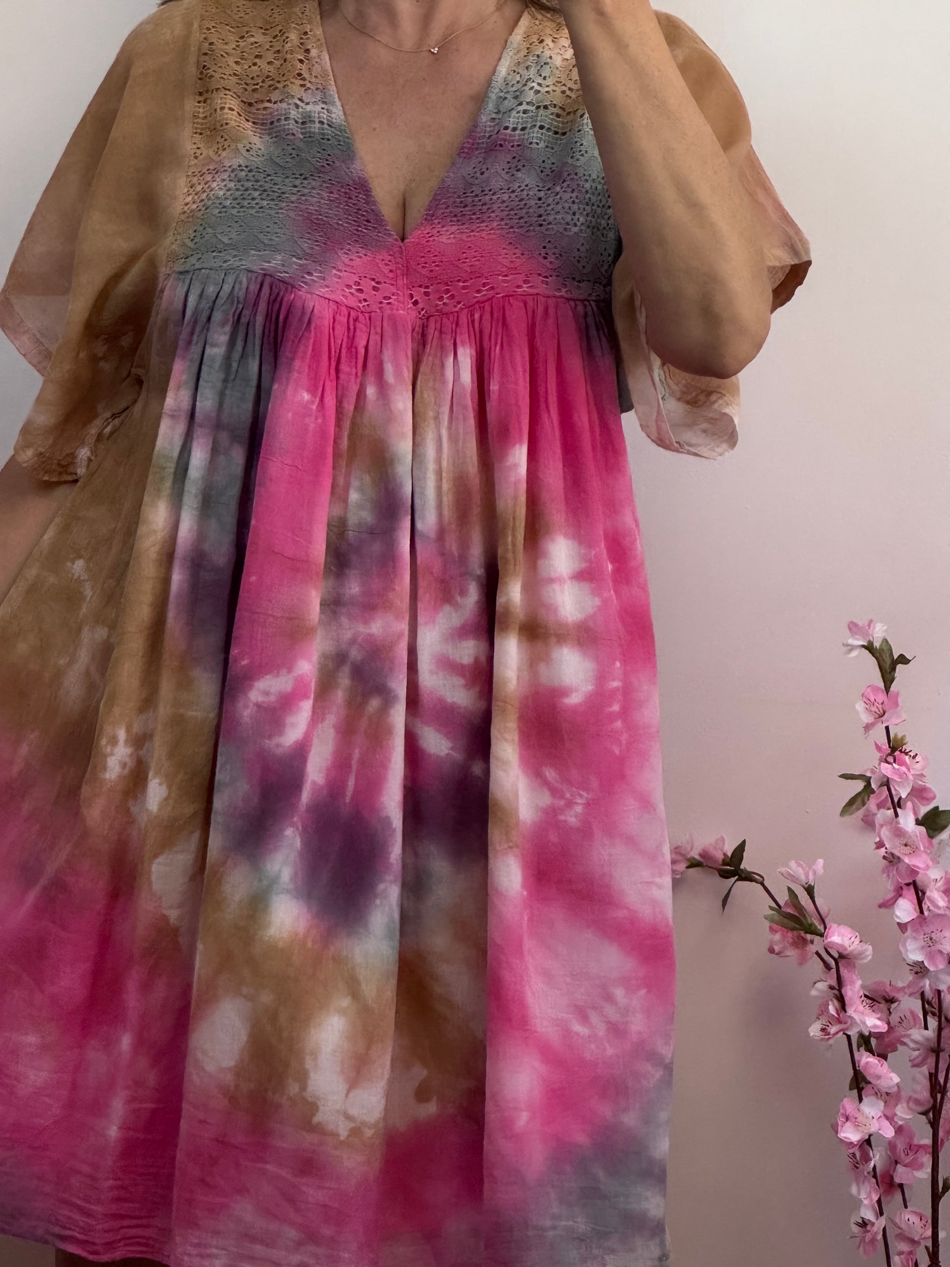Robe voile de coton tie and dye rose et beige