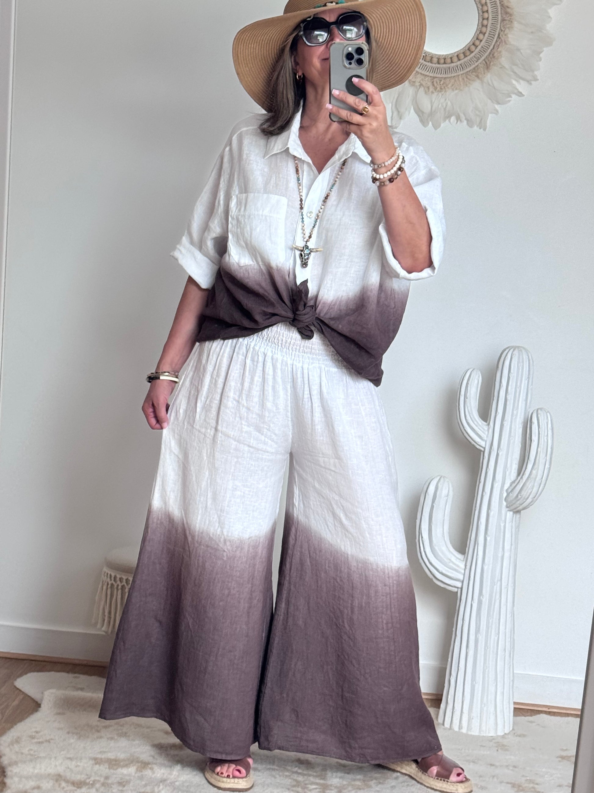 Pantalon palazzo Lin blanc et marron