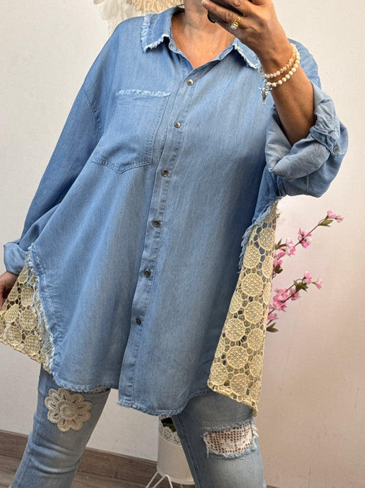 Chemise lyocell bleue dos lurex doré ajouré TU 42/50