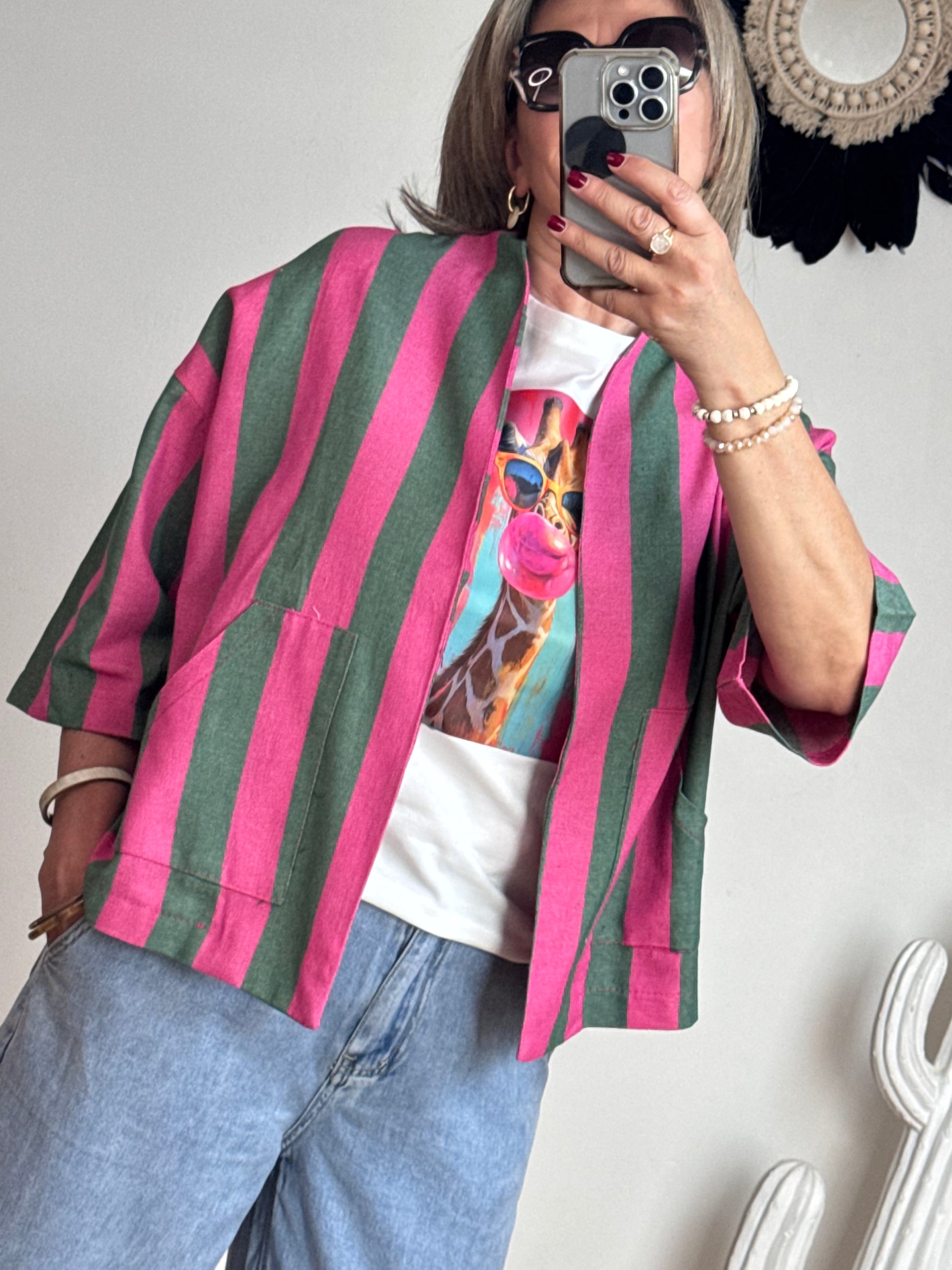 Veste kimono kaki et rose