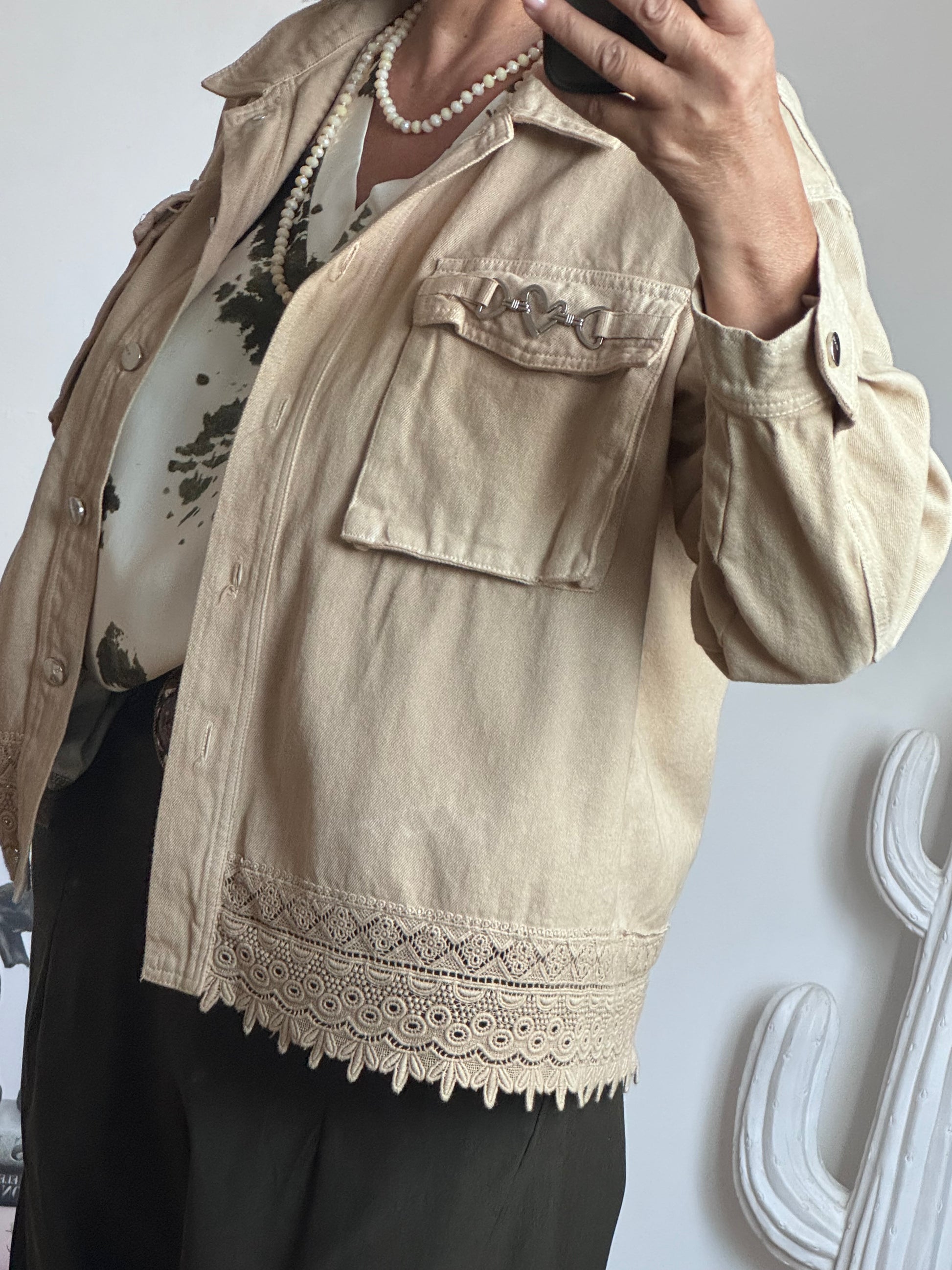Veste jeans beige dentelle