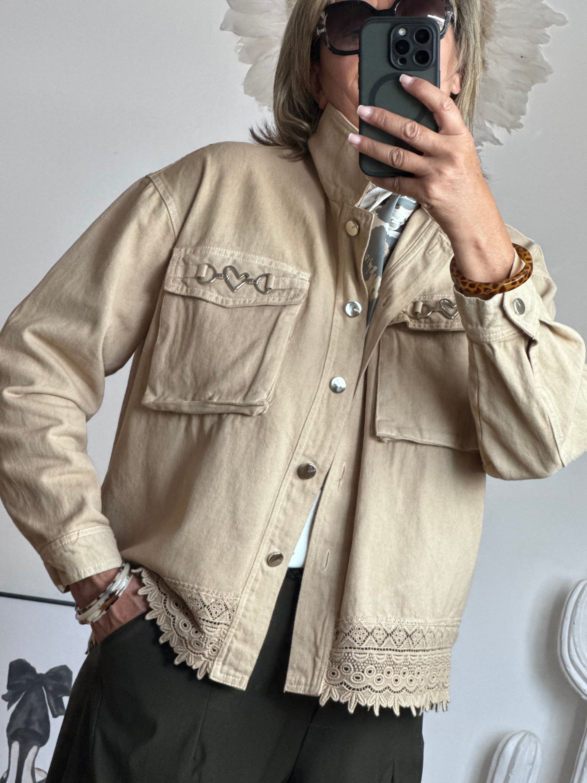 Veste jeans beige dentelle