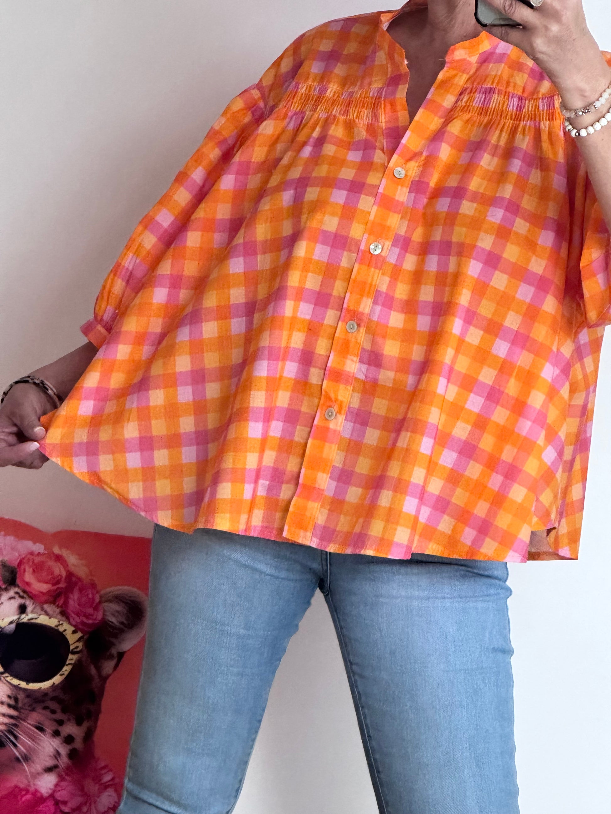 Chemise vichy orange et rose