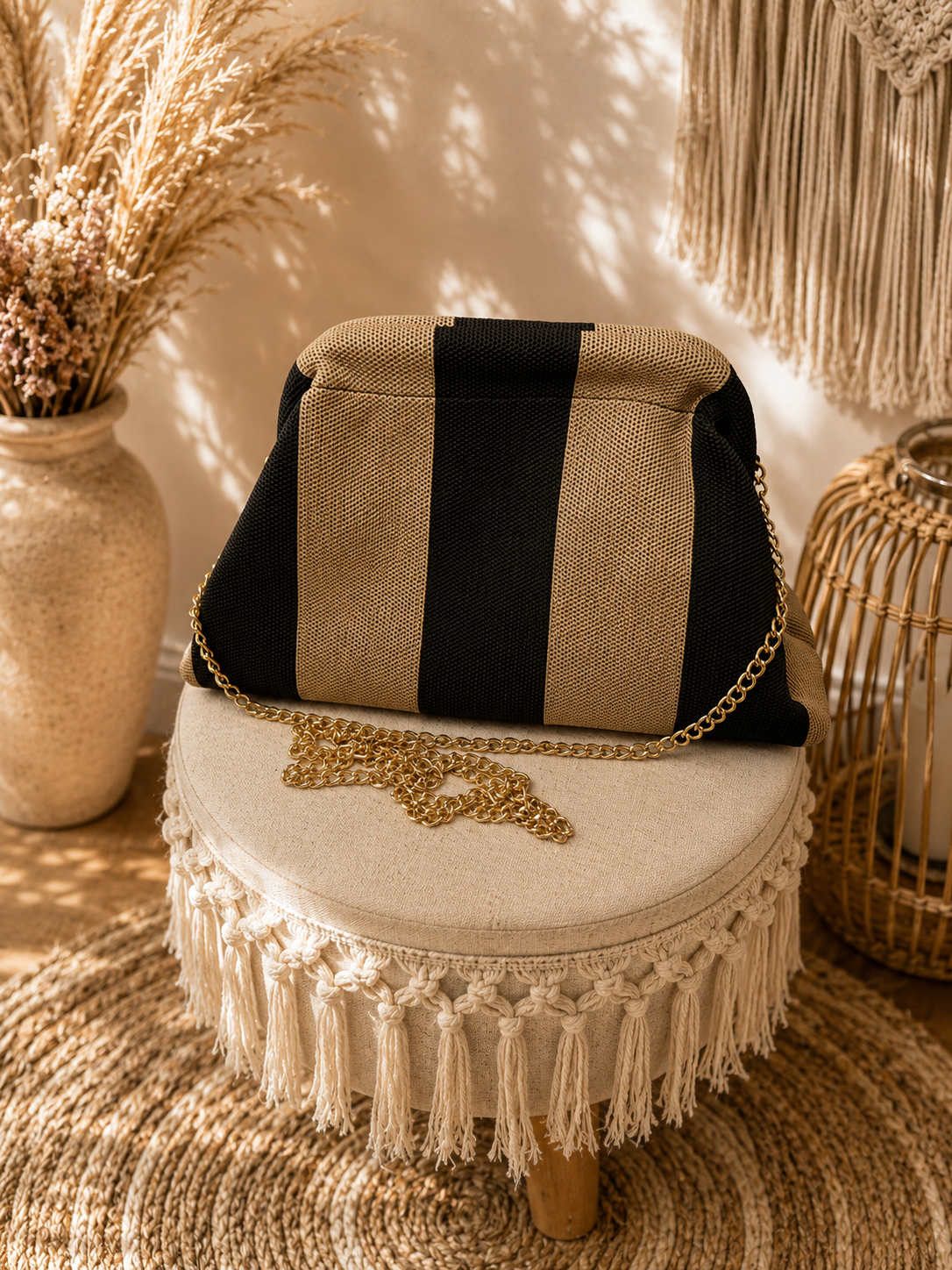 Sac rayé noir et beige