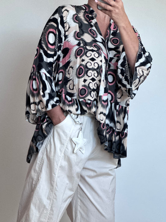 Blouse camélia noire et rose