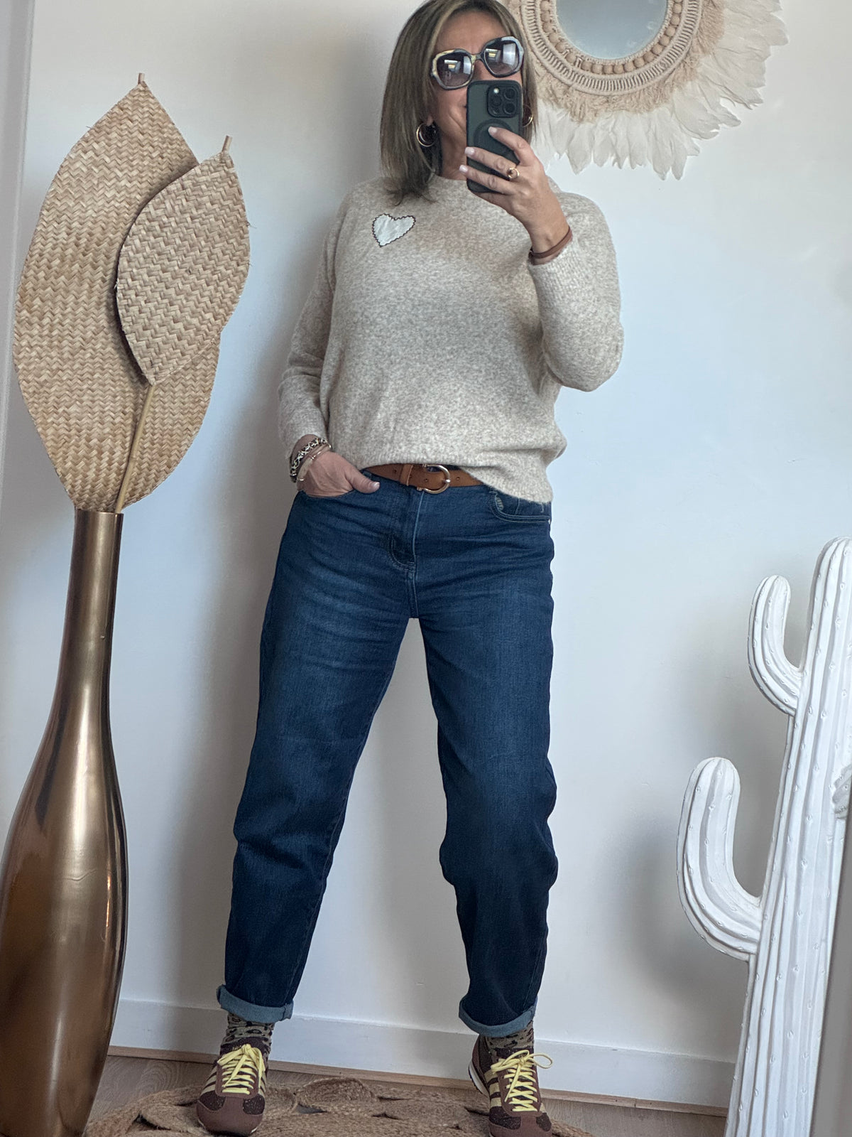Pull coeur beige chiné
