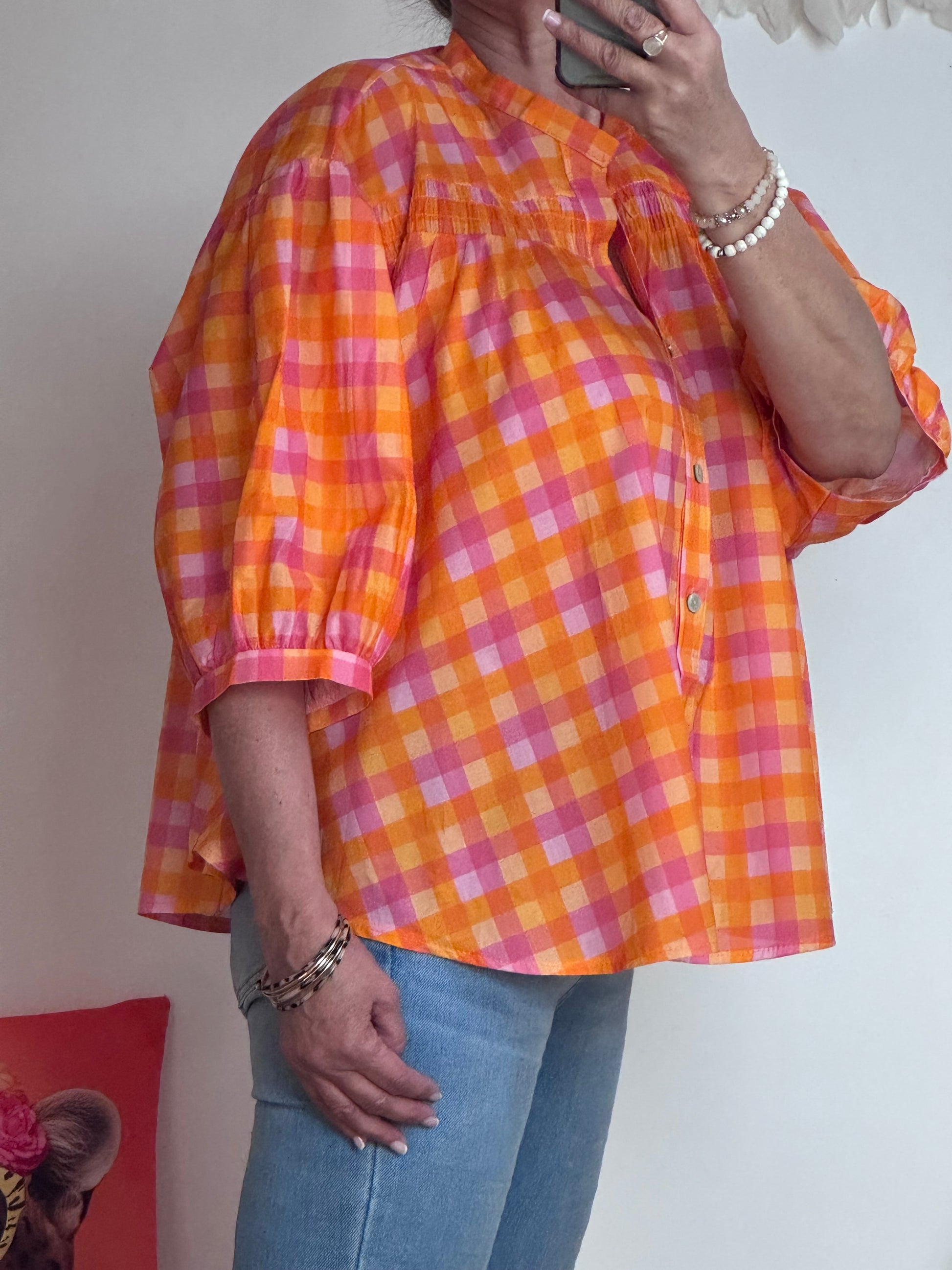 Chemise vichy orange et rose