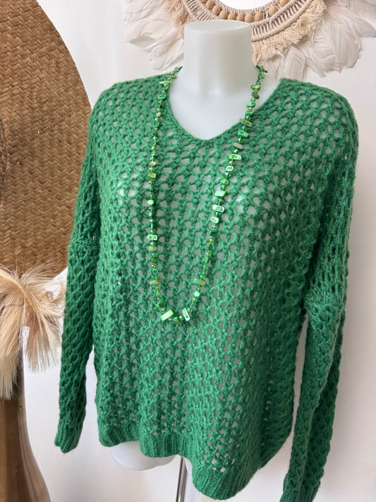 Pull maille ajouré vert