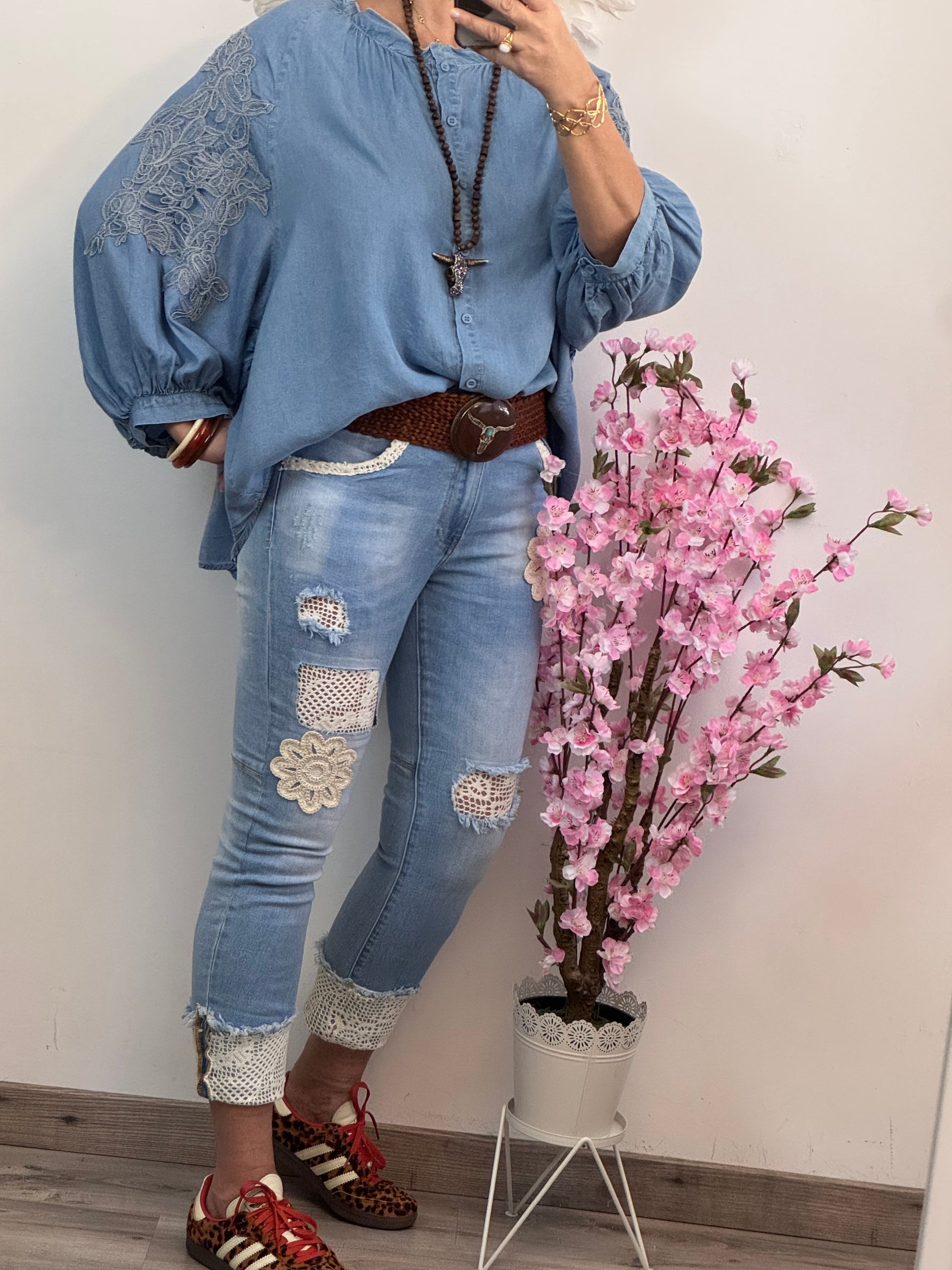 Blouse bohème bleu tencel  TU 44/50