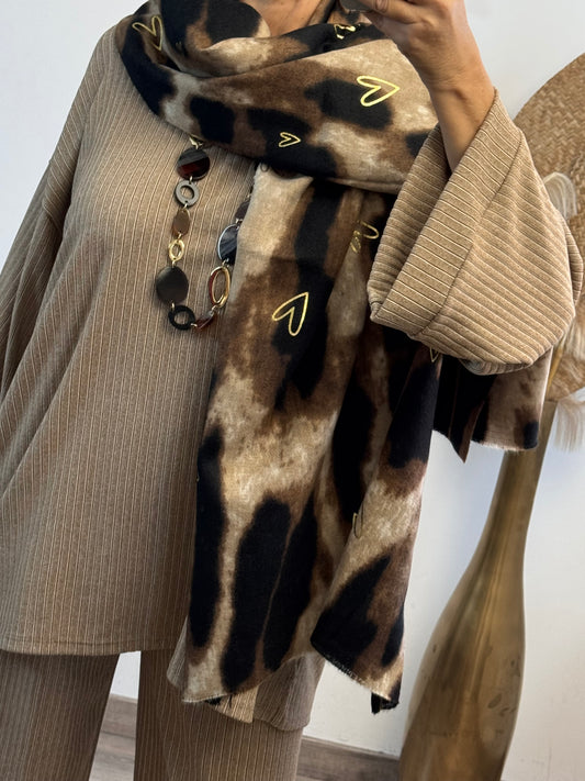 Grande écharpe animal cœurs dorés