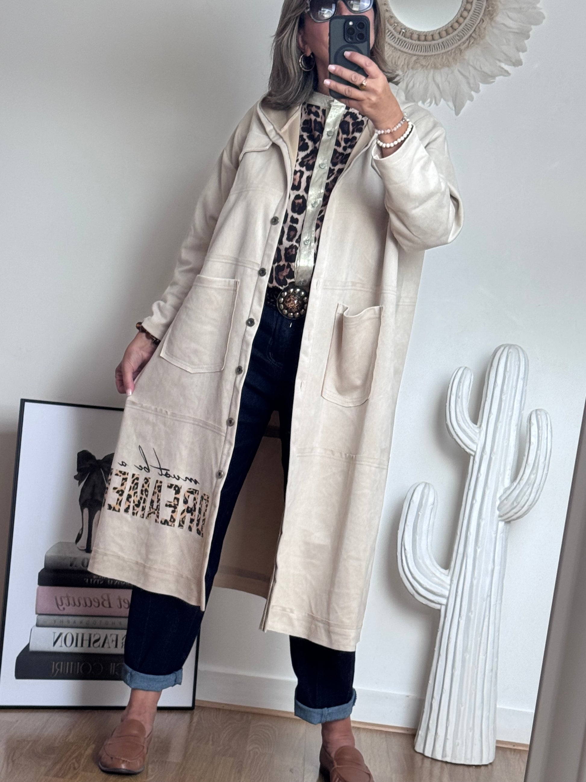 Veste longue suédine beige