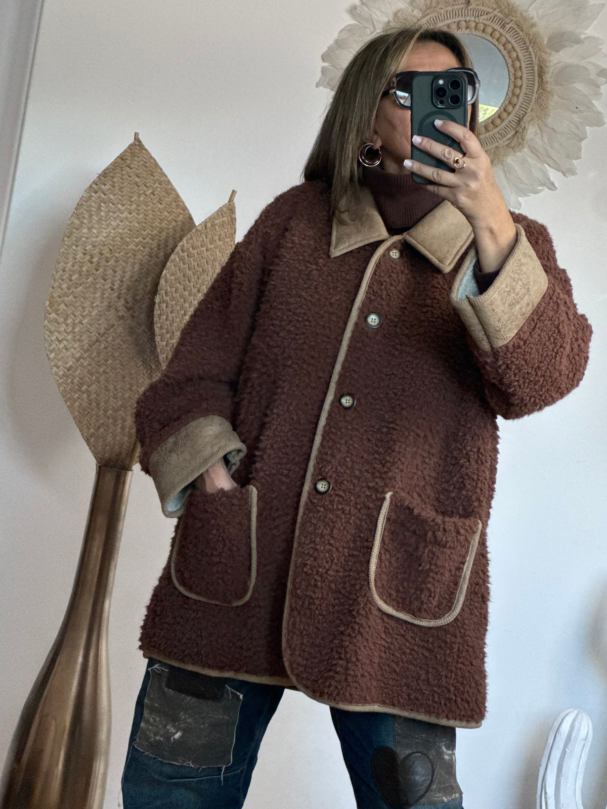 Veste moumoute Marron bi matière