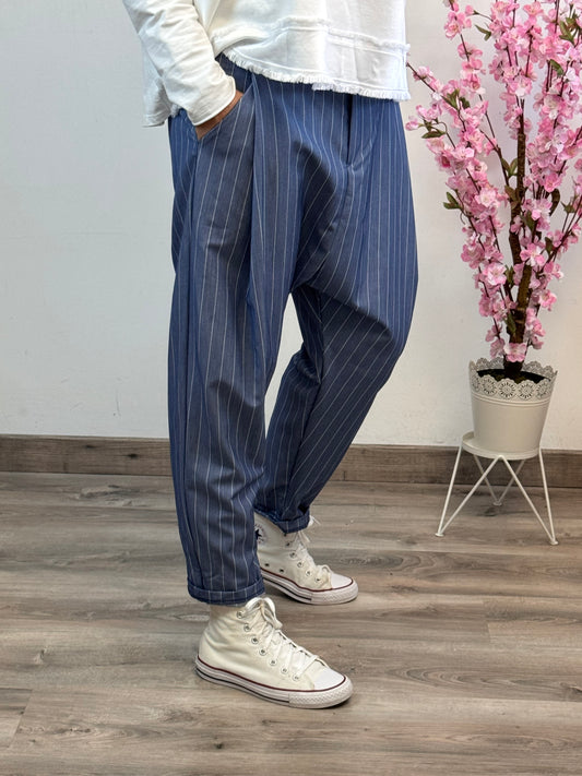 Pantalon saroual bleu rayé