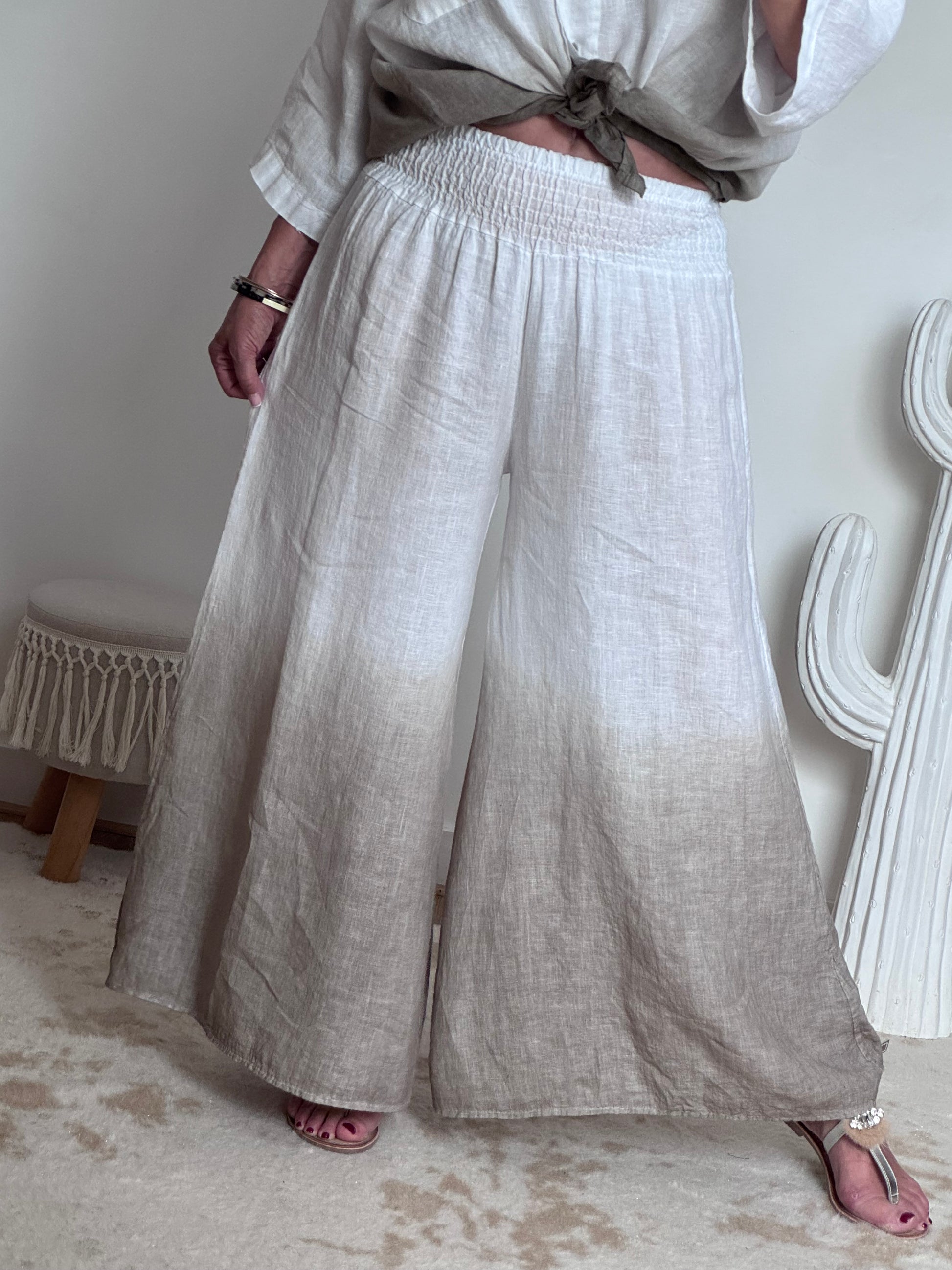 Pantalon palazzo Lin blanc et beige