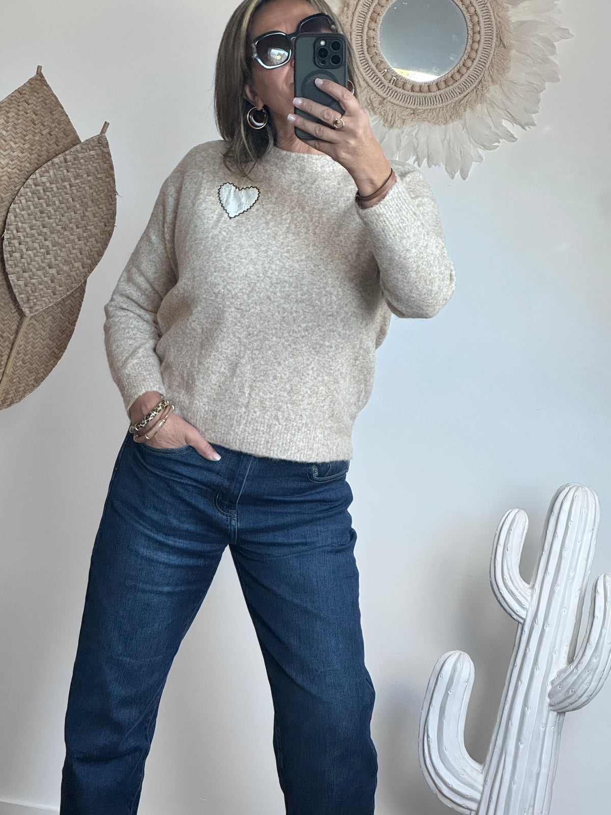 Pull coeur beige chiné