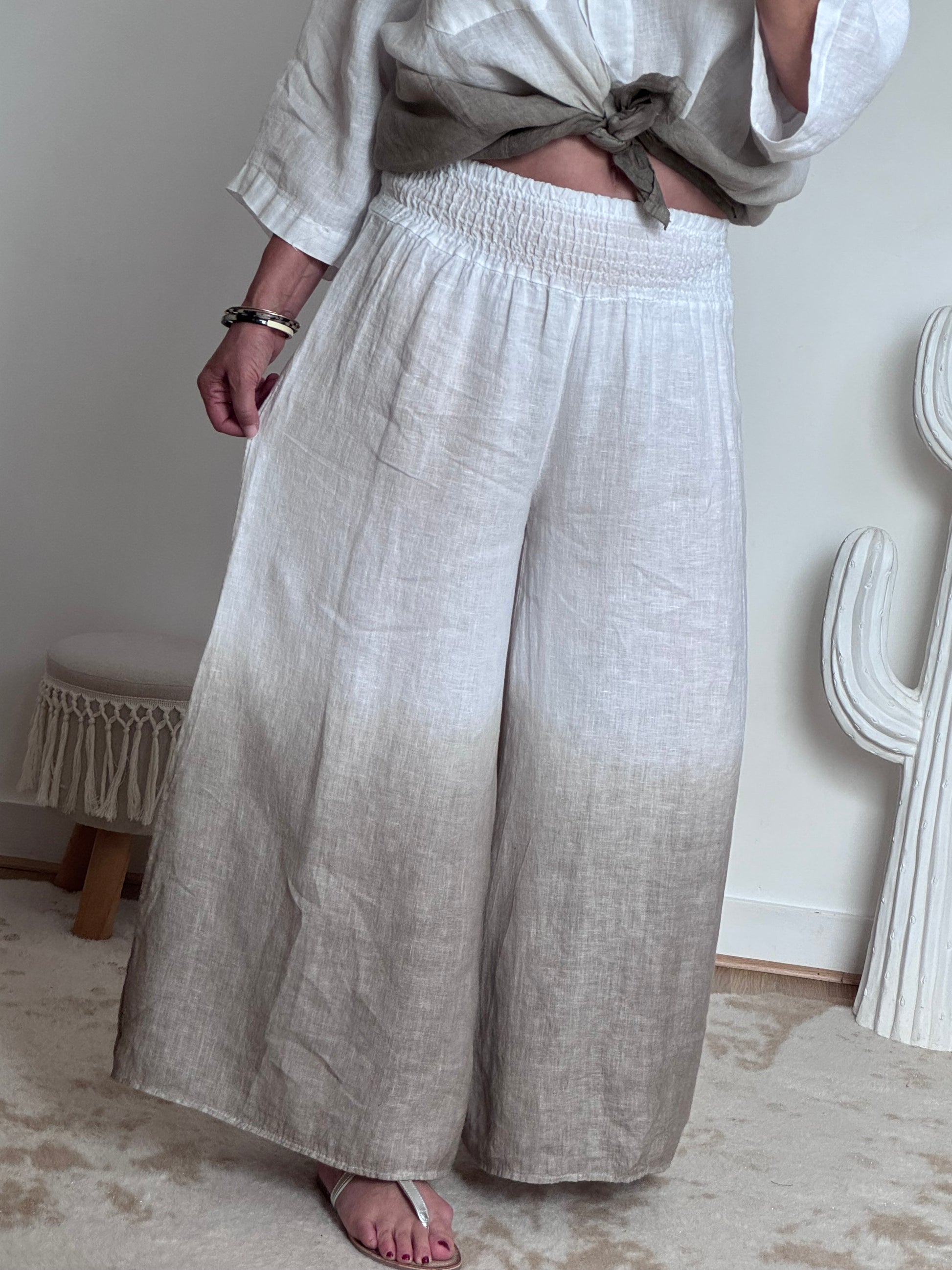 Pantalon palazzo Lin blanc et beige