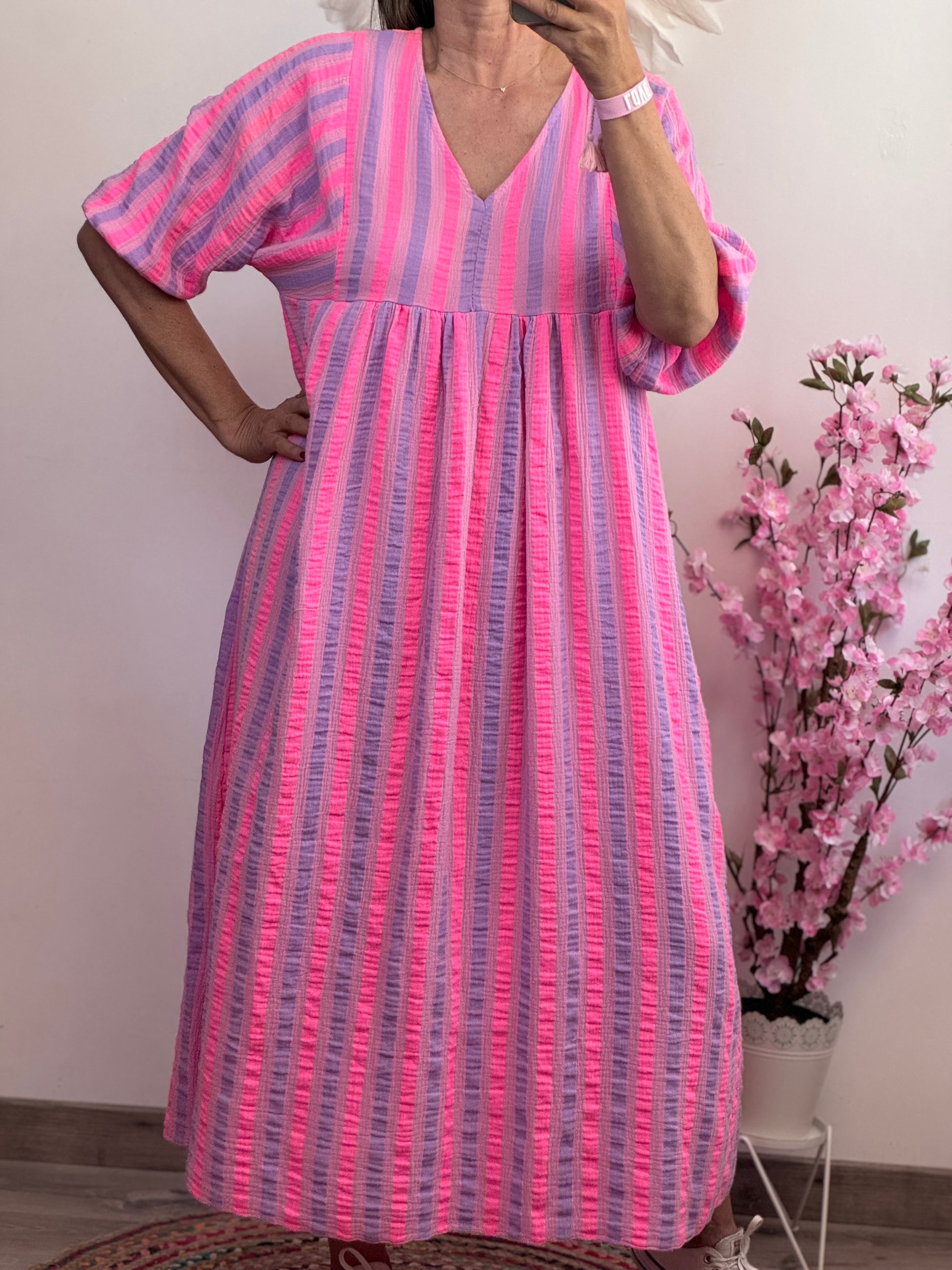 Robe bohème gaz de coton rayures Lila et rose TU 36/48