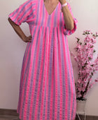 Robe bohème gaz de coton rayures Lila et rose TU 36/48