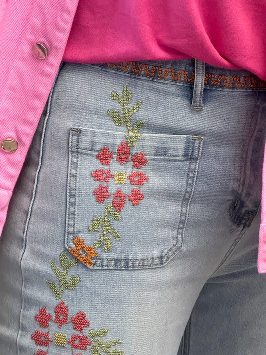 Jean Wide Leg brodé fleurs