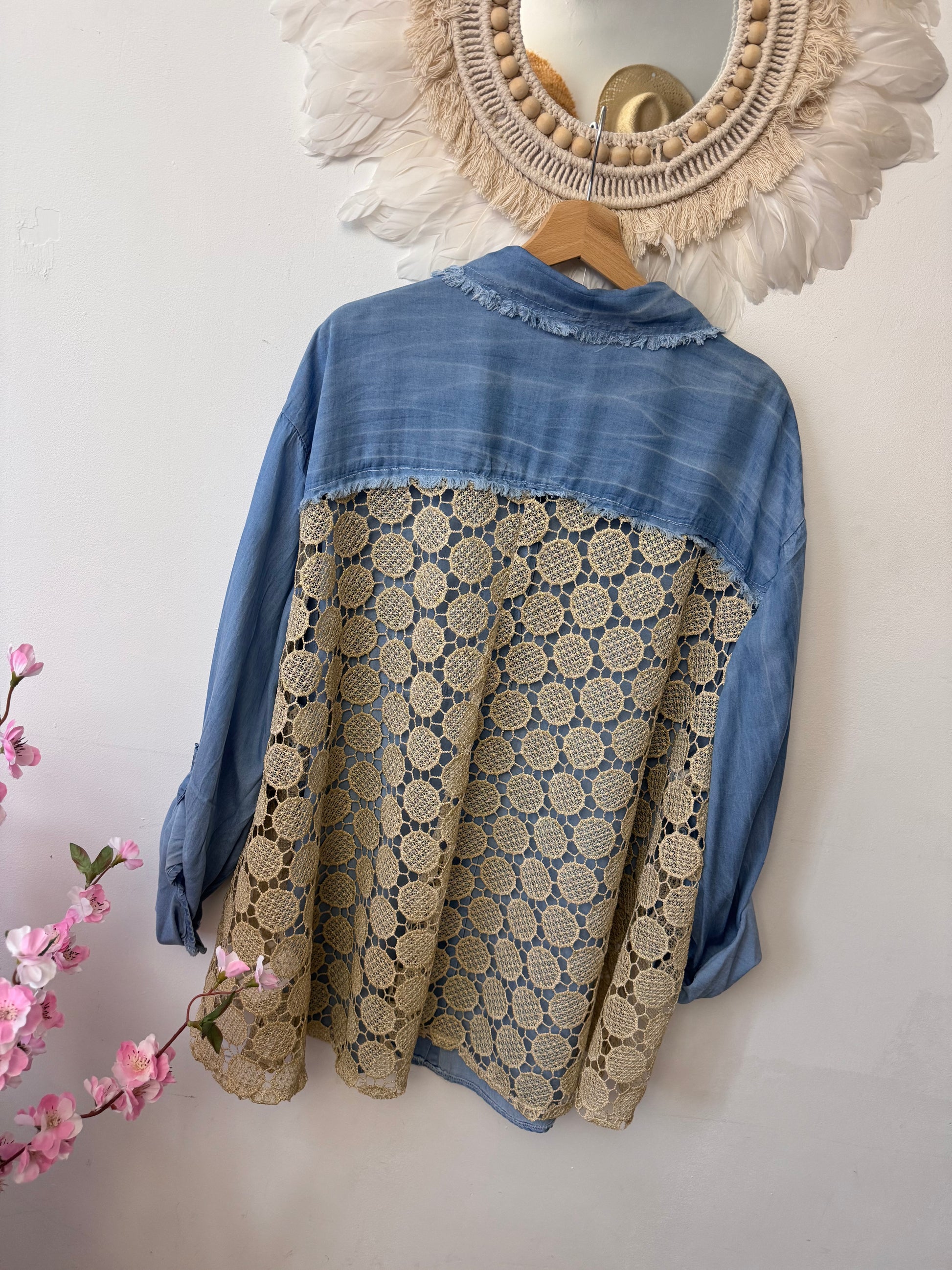 Chemise lyocell bleue dos lurex doré ajouré TU 42/50