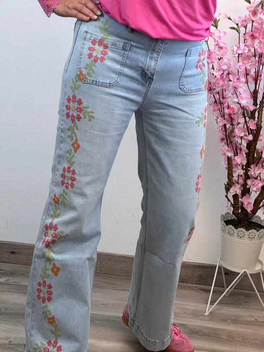 Jean Wide Leg brodé fleurs