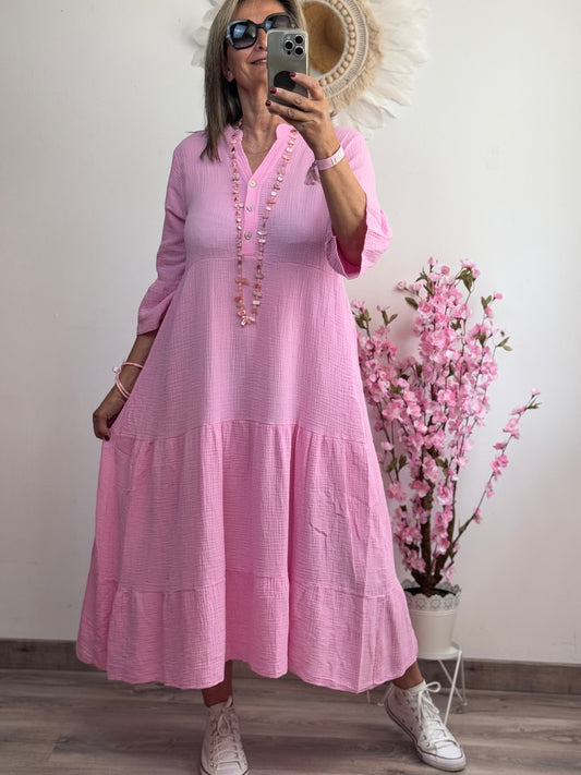 Robe longue gaz de coton rose bonbon