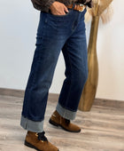 Jeans droit bleu brut cuffed avec revers