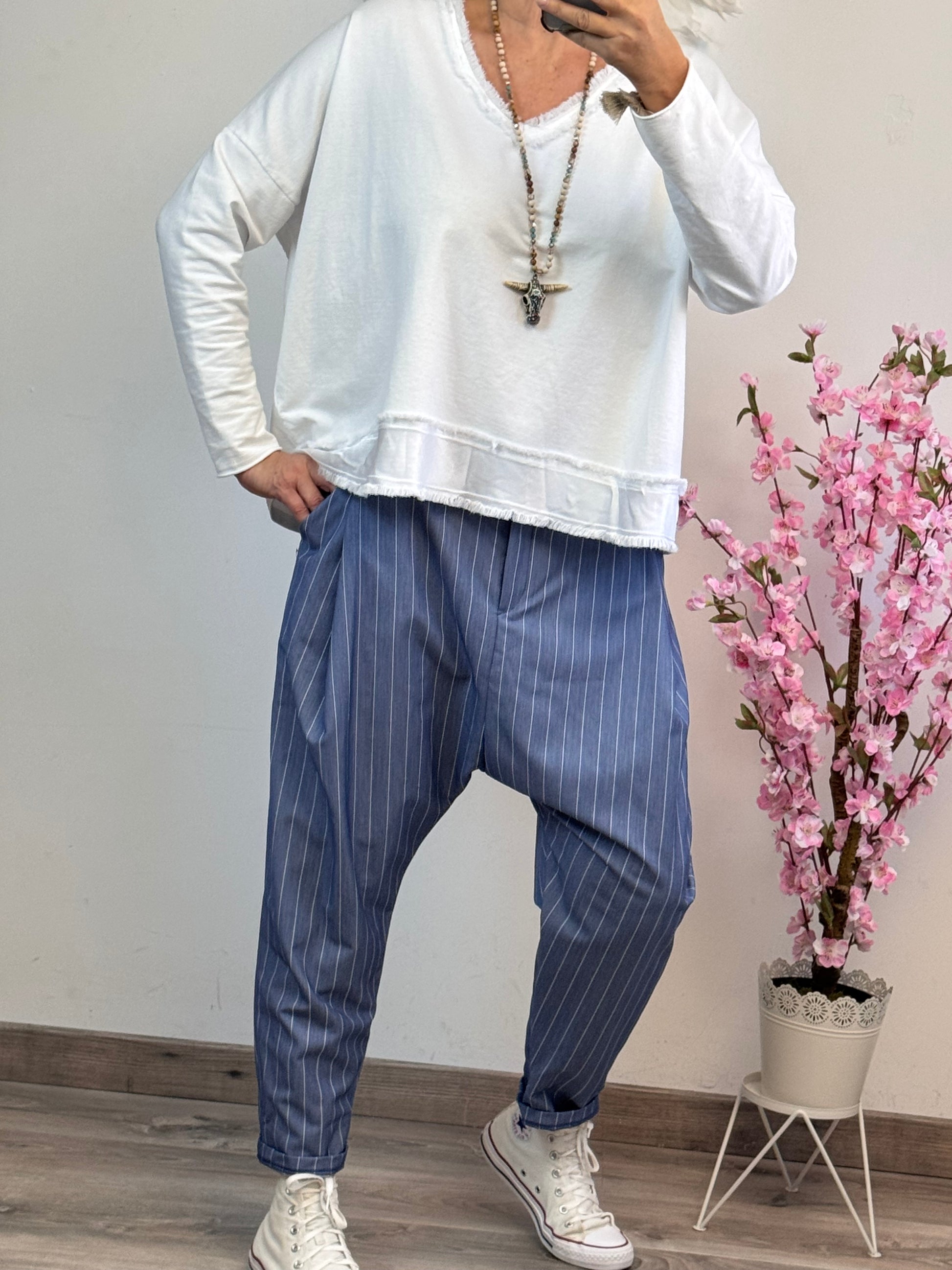 Pantalon saroual bleu rayé