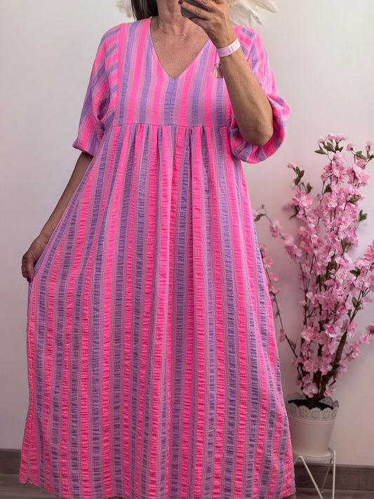 Robe bohème gaz de coton rayures Lila et rose TU 36/48