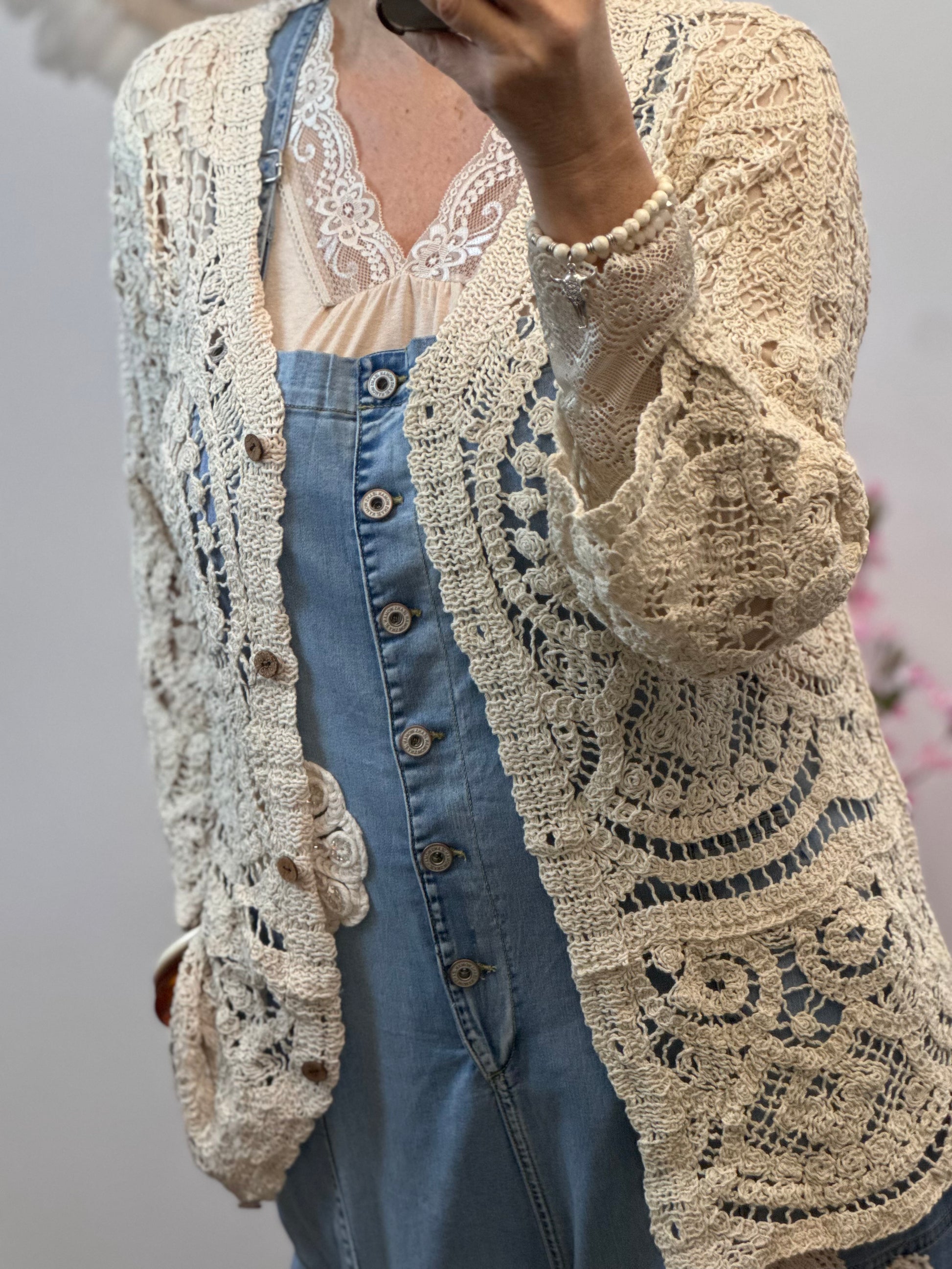 Gilet long crochet beige TU 38/44