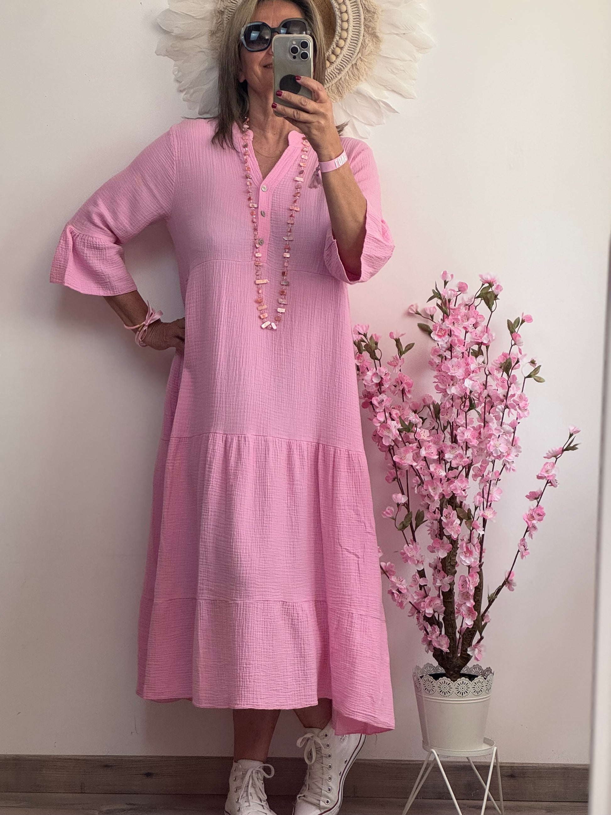 Robe longue gaz de coton rose bonbon
