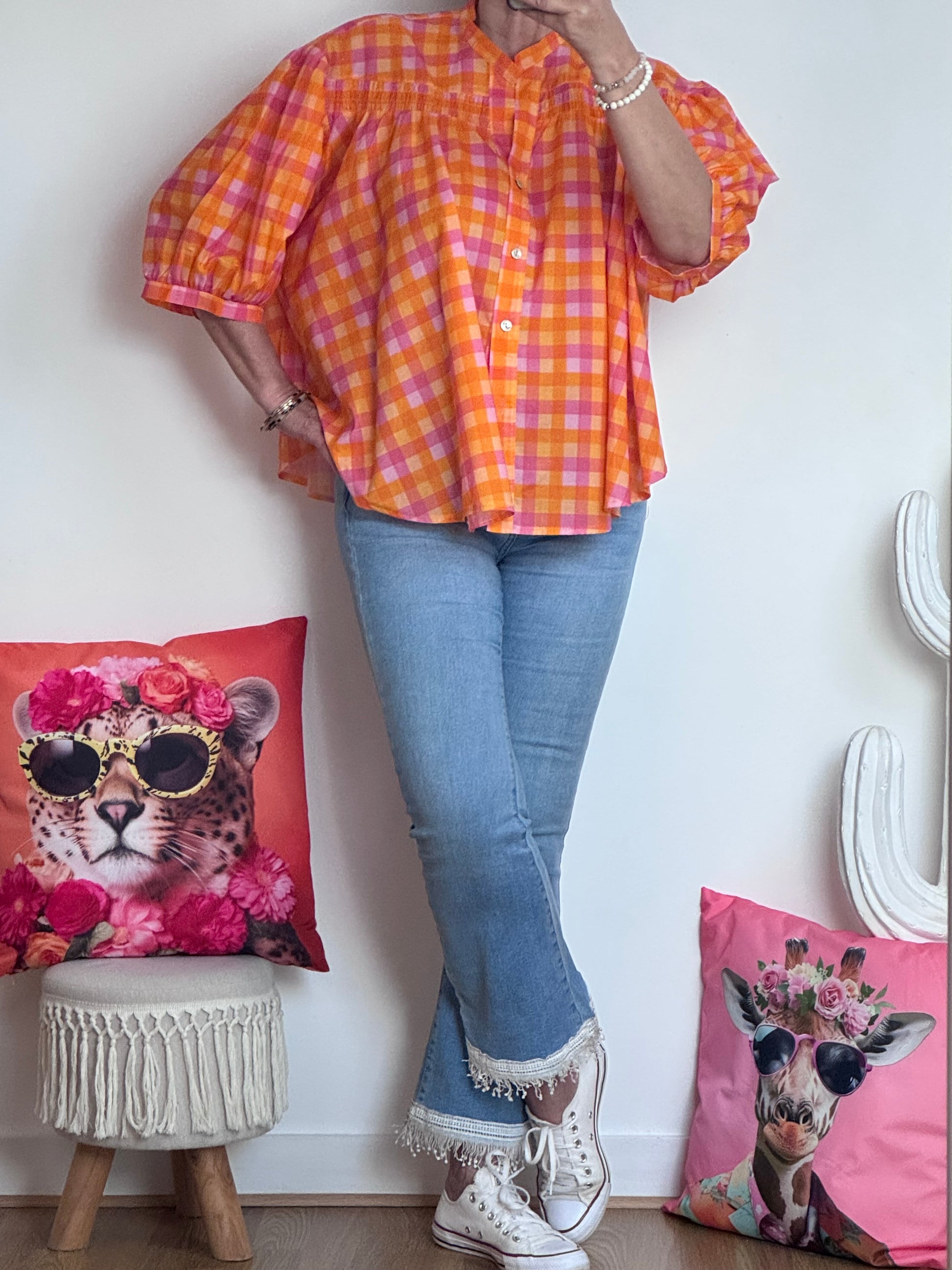 Chemise vichy orange et rose