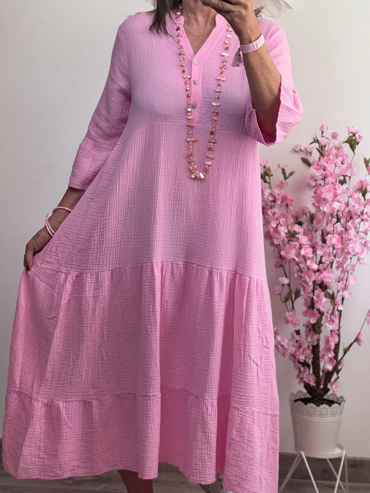 Robe longue gaz de coton rose bonbon