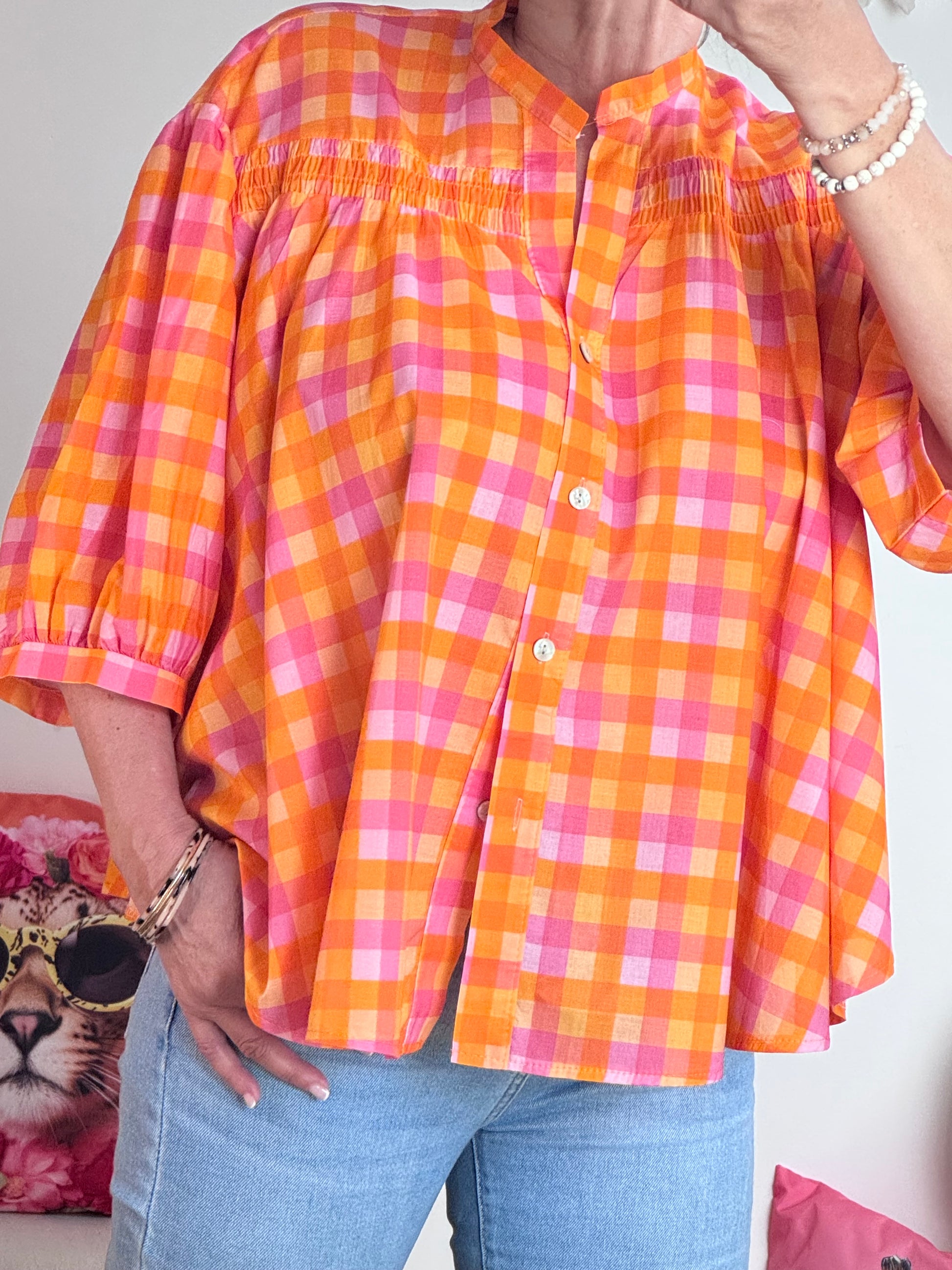 Chemise vichy orange et rose