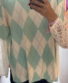 Pull jacquard vert manches dentelles