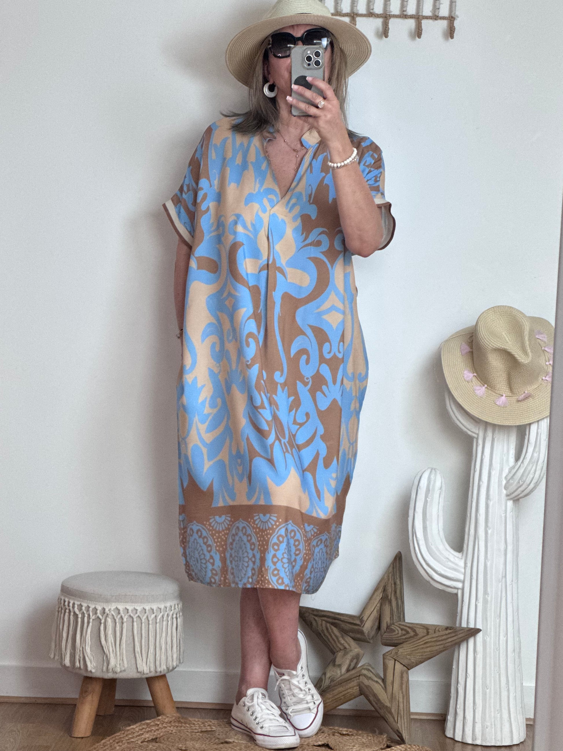 Robe fluide arabesque bleu ciel TU 40/48