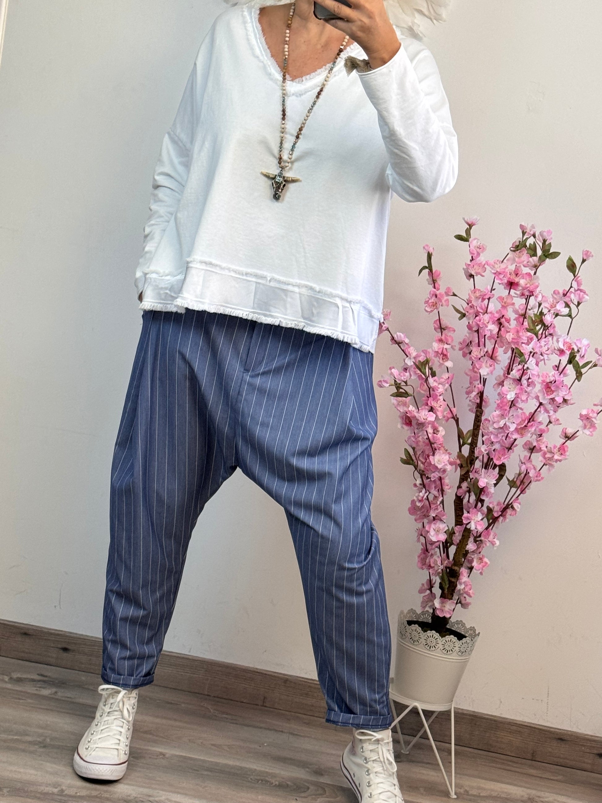 Pantalon saroual bleu rayé