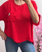 Blouse fleurs bijoux rouge vif TU 44/50