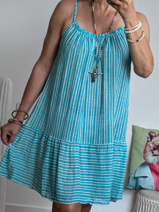 Robe d’été coton tisse turquoise