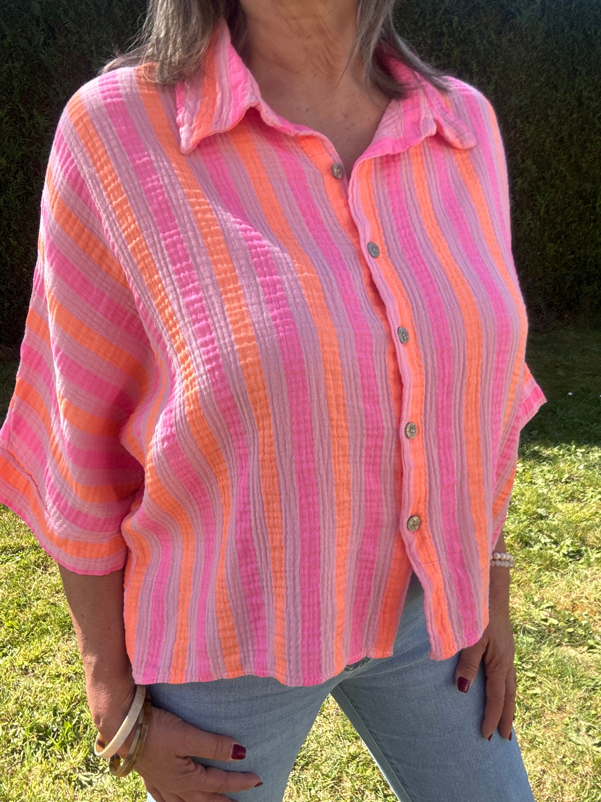 Chemise gaz de coton rayée rose