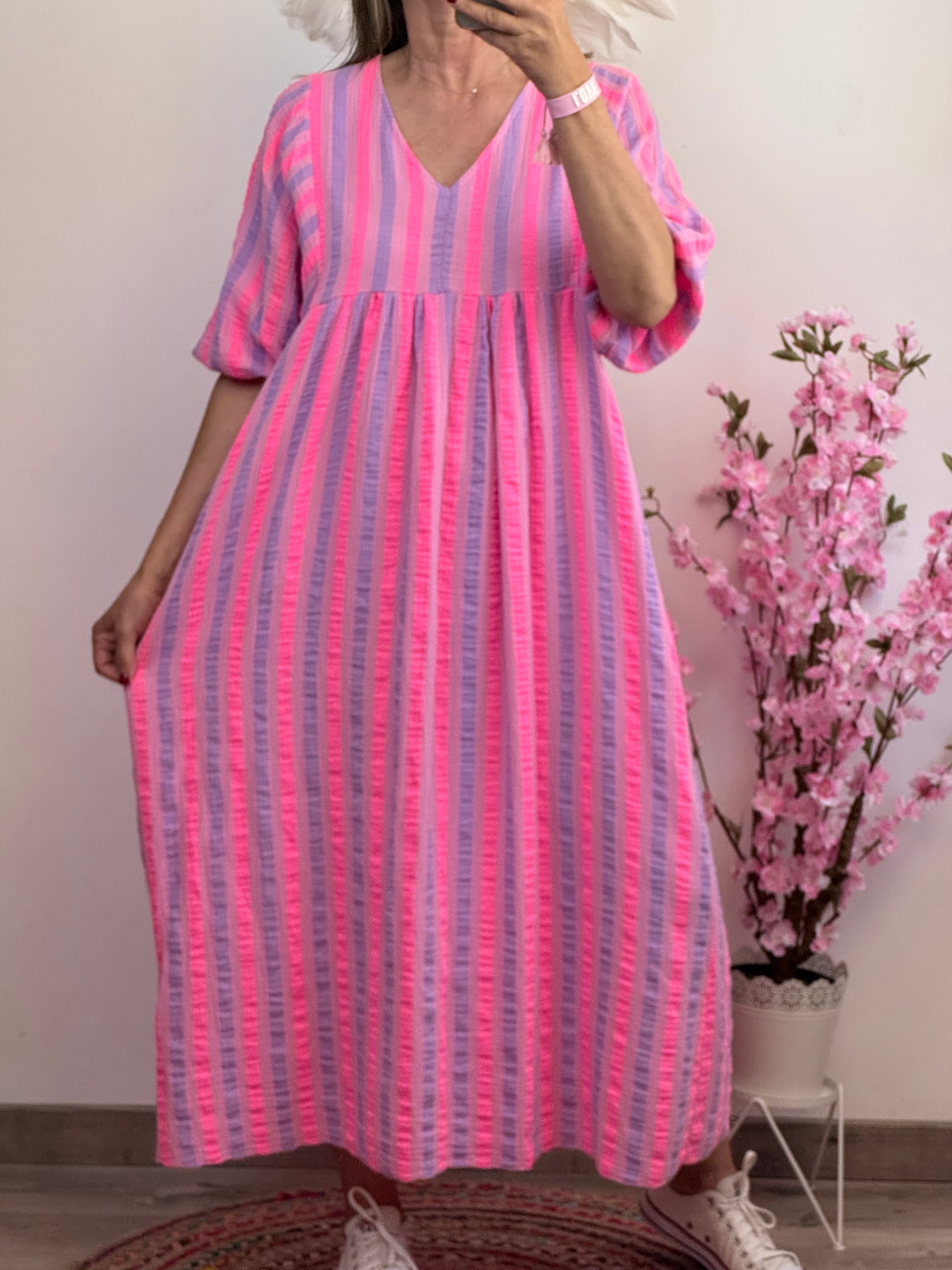 Robe bohème gaz de coton rayures Lila et rose TU 36/48