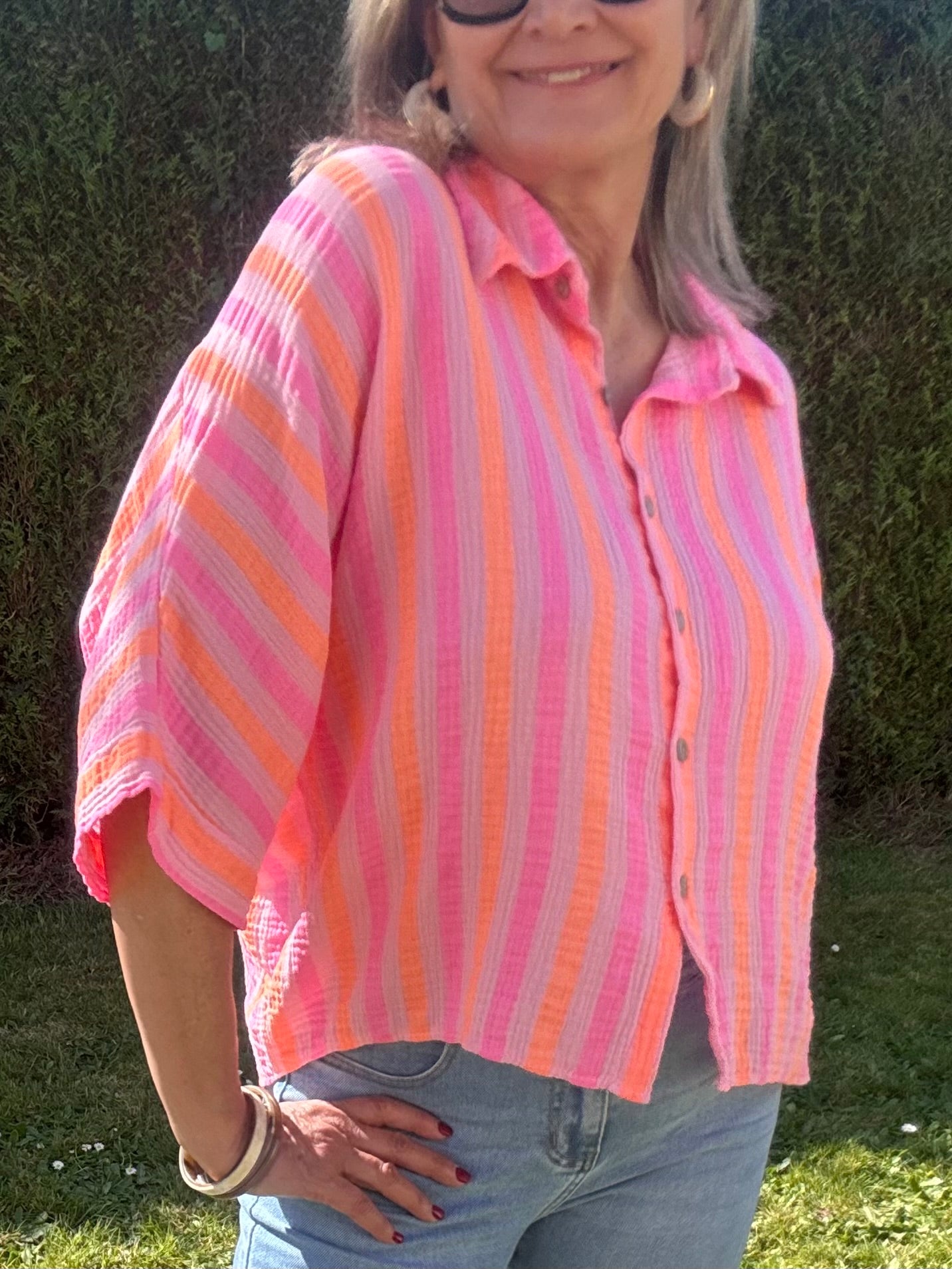 Chemise gaz de coton rayée rose