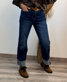 Jeans droit bleu brut cuffed avec revers