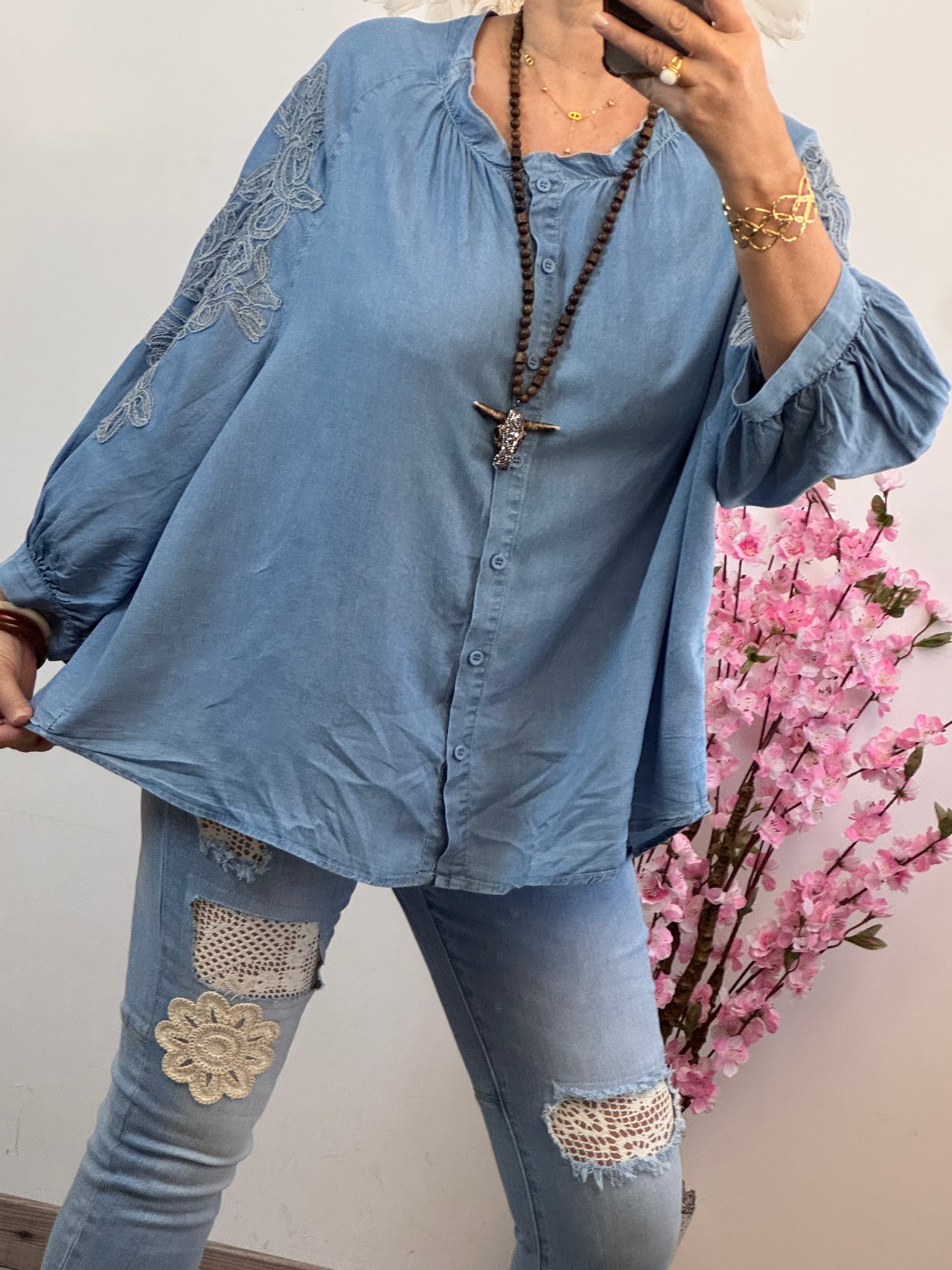 Blouse bohème bleu tencel  TU 44/50