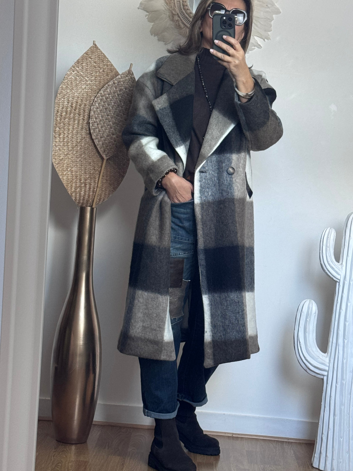 Manteau carreaux taupe
