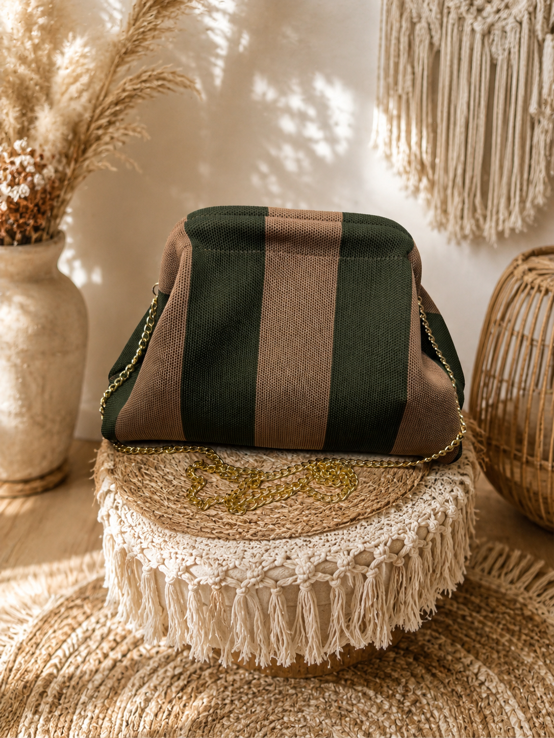 Sac rayé kaki et beige