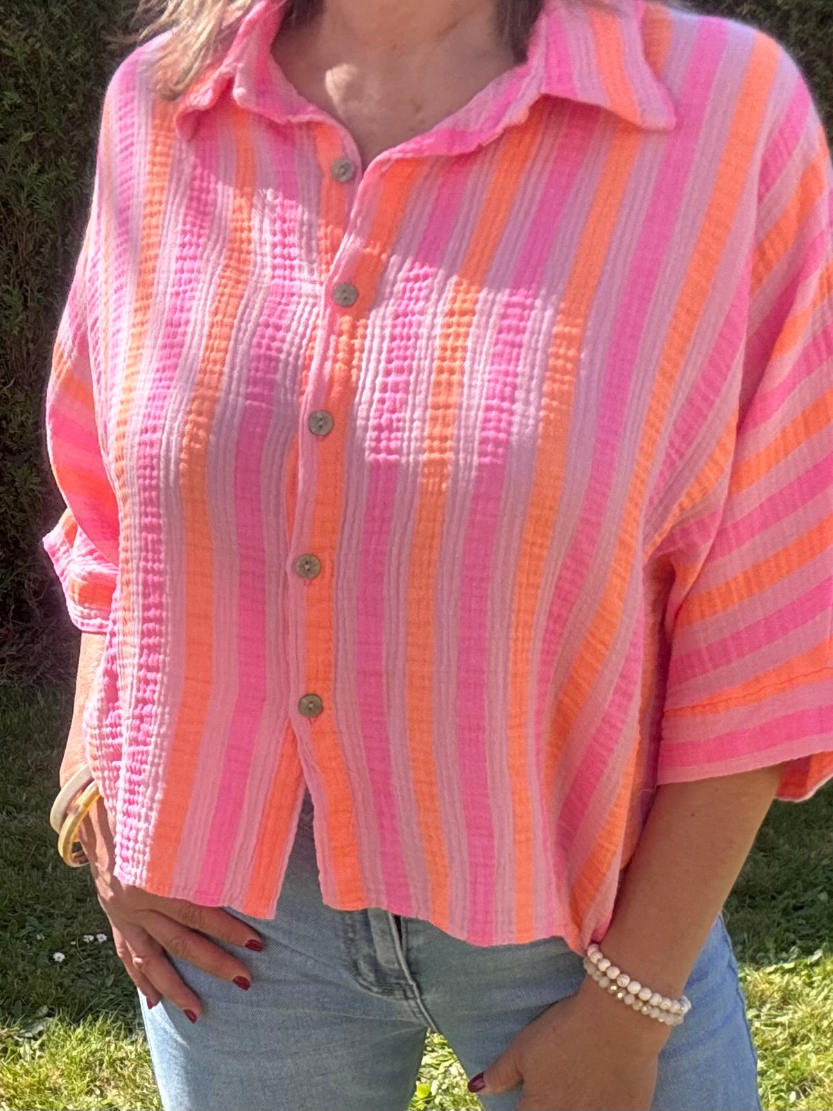 Chemise gaz de coton rayée rose